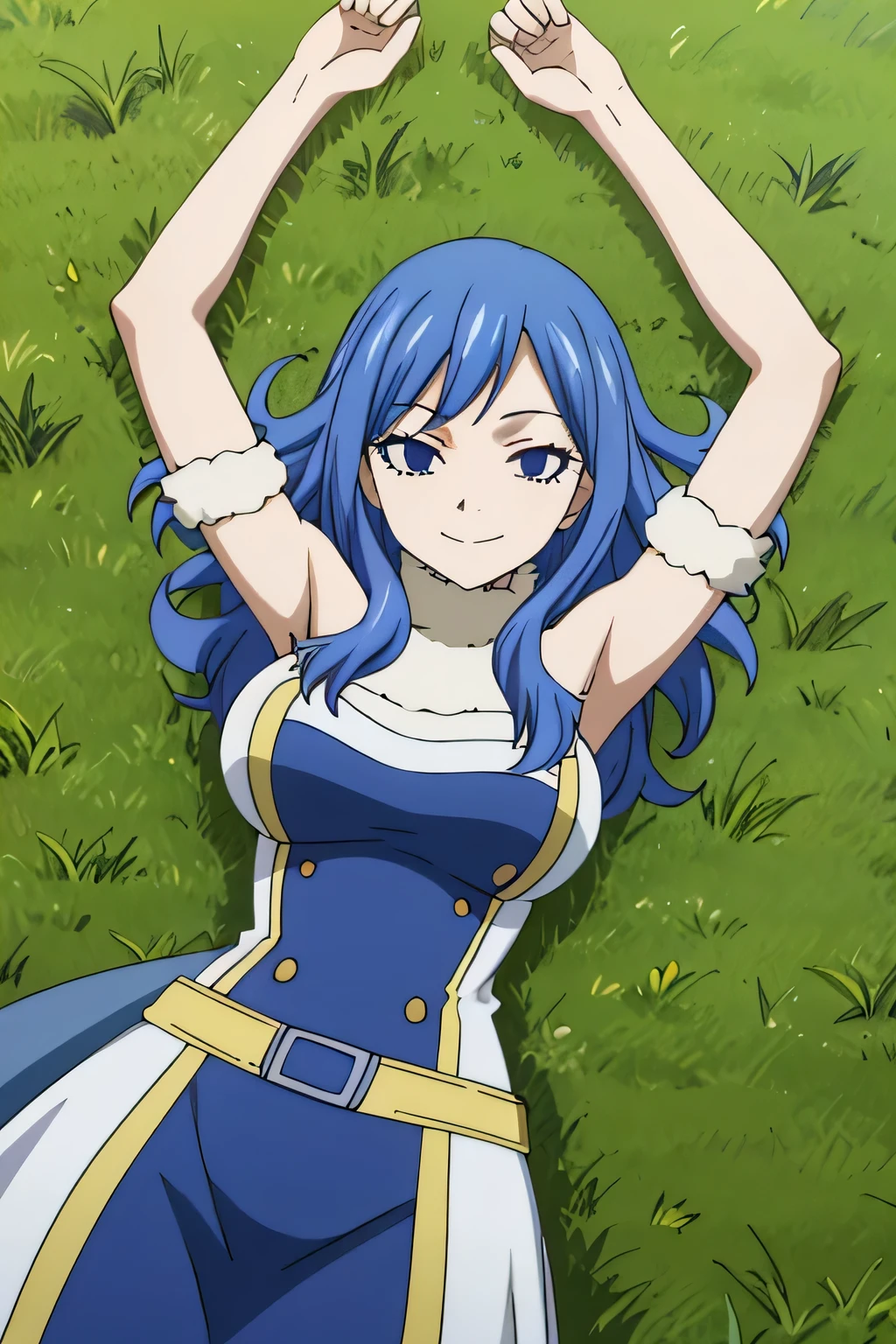 masterpiece, absurdres , (intricate details), (colorful), bust shot, extremely detailed CG unity 8k wallpaper, juviagmg, 1girl, looking at viewer, solo, on grass, on back, arms up, spread arms, cowboy shot, closed mouth, smile