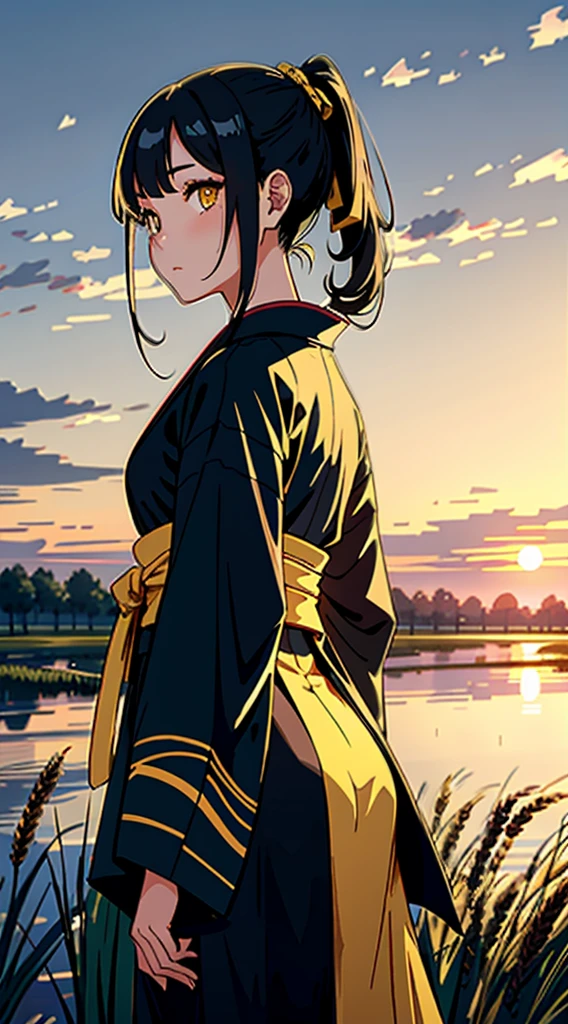 A girl in a kimono standing waist-deep in a wheat field, Black kimono with gold trim, her hair is tied in a ponytail, yellow eyes, The sunset is reflected in her eyes, The light hits her face, Half-sideways facing the camera