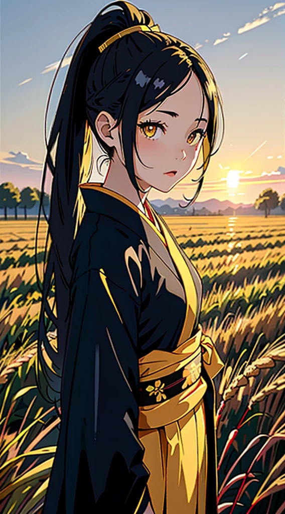 A girl in a kimono standing waist-deep in a wheat field, Black kimono with gold trim, her hair is tied in a ponytail, yellow eyes, The sunset is reflected in her eyes, The light hits her face, Half-sideways facing the camera