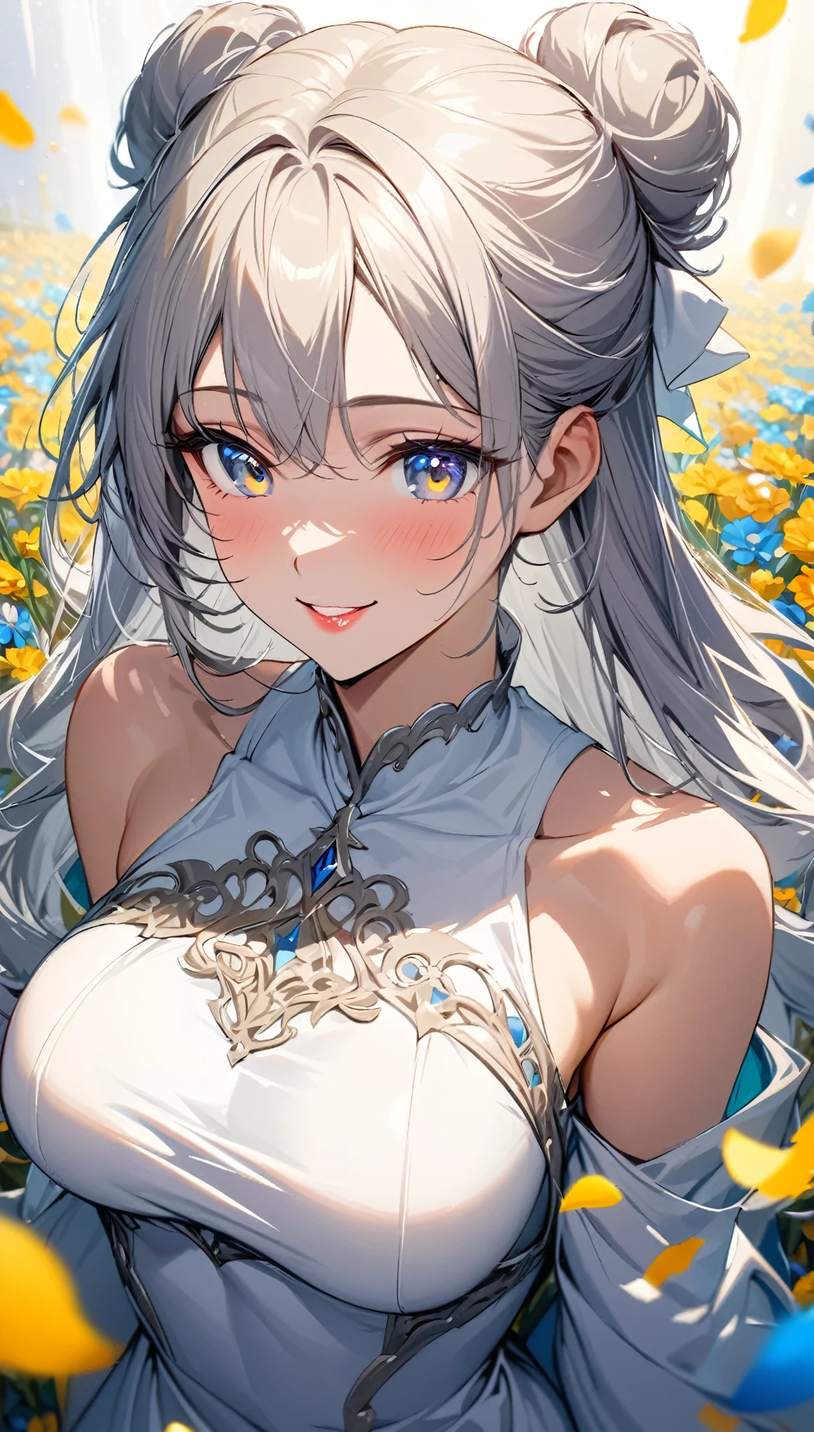 best quality, high-resolution,ultra-detailed,portrait, intricate white long dress, ((modest dress)), standing,flowers field,silver long hair,bun hair,smiling woman,close up to abs, ((moderate breast)), beautiful detailed eyes,beautiful detailed lips,flower petals on air,bare shoulders,vivid colors,studio lighting,soft sunlight, happy face, ((cleavages:0.6)), half body