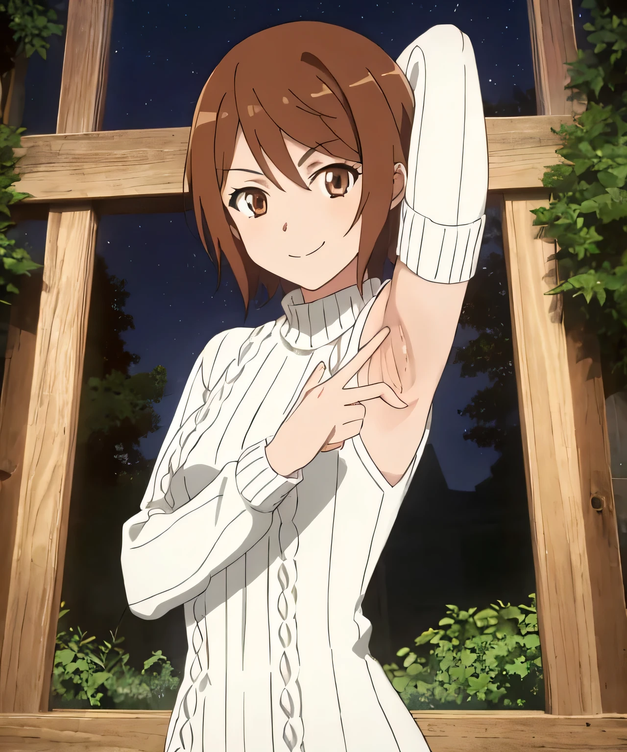 1girl, (shapely body), (solo), hdr, saiai kinuhata, solo, short hair, brown hair, brown eyes, jewelry, sweater, solo focus, solo, night sky, forest, arms behind head, contrapposto, spread armpits, closed mouth, smile, upper body, looking at viewer, v, white sweater, sweater dress, 