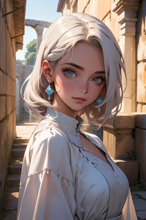 (Best quality at best),Detailed ruins background,Boneca feminina bonita,com cabelo branco curto,Alunos iridescentes,Usa uma capa branca prateada,The face is delicate