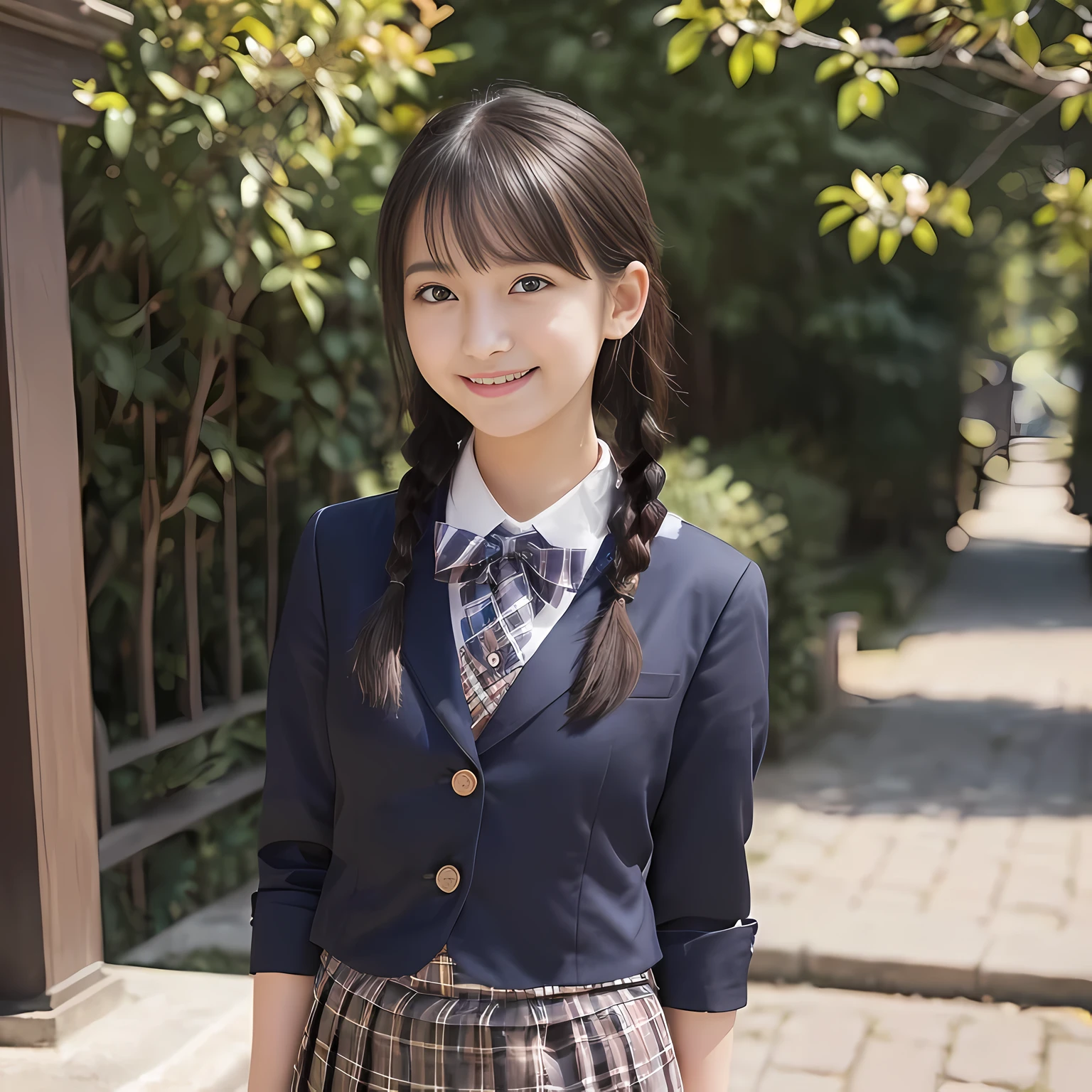 (highest quality、masterpiece:1.2)、highest quality、realistic、photograph、High resolution、1080p、8K、The face is especially pale., physical rendering、((Height: 155cm)), one Japanese girl、((A 15-year-old Japanese junior high school student)), , (((big very detailed beautiful dark brown eyes))), ((blue girly large wine-red glossy polyester Japanese school ribbon bow tie)), (((black beautiful long twin braids hair))), ((((deep blue colored tartan checkered formal long pleated pleated skirt)))), ((A formal dark blue blazer that is slightly oversized and has an emblem on the left chest.)), ((((((maximum smile)))))), mouth is open, The large blazer and skirt are very cute., detailed fingers, Slender body, ((curled bangs)), so beautiful, long eyelashes, ((Very big and very very very cute eyes of a Japanese girl)), ((large pupils)), double eyelids, The entire skirt is photographed, thin eyebrows, ((drooping eyes)), ((long eyelashes)), ((cute lovely lovely laughing laughing cheeks)), ((Pure white light hits her face from above and in the front, making her skin and eyes shine beautifully.)), ((Strong light hits the nose and cheeks、It brings out the richness of the expression.)), (((((A very cute face with a rich expression and a pure look))))), (((Take a profile shot))), sideways glance