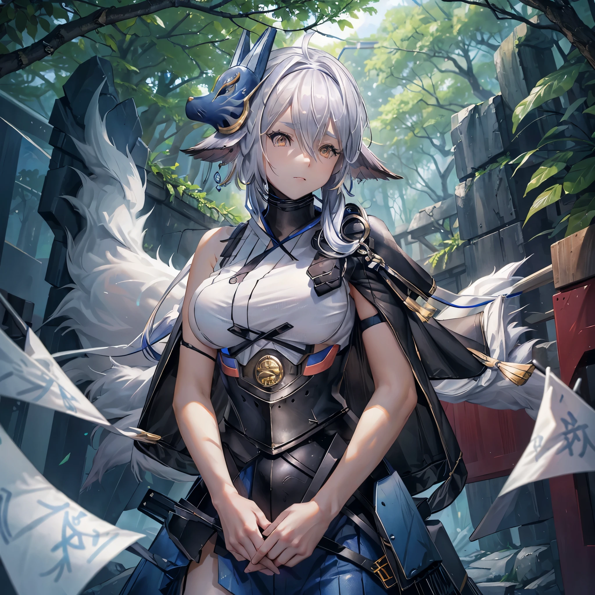 A woman in white sleeveless Japanese shirt, blue skirt, orange eyes, silver hair, kitsune ears, blue fox mask on the side of her face, large breasts, on a staircase, blue traditional Japanese arch behind, around a forest,,(just a girl, solo) ultra resolution, very detailed, HDR, masterpiece, 8K hd
