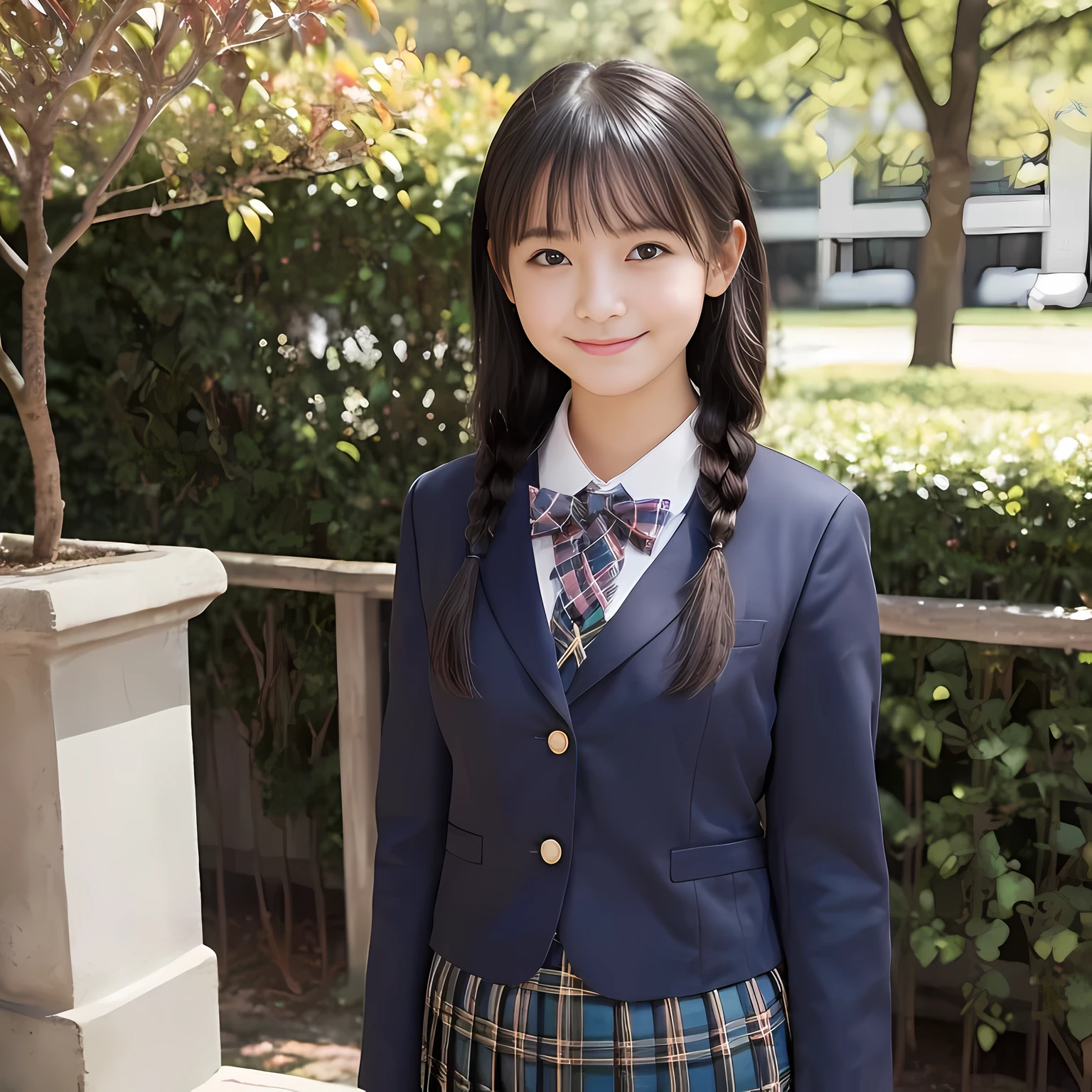 (highest quality、masterpiece:1.2)、highest quality、realistic、photograph、High resolution、1080p、8K、The face is especially pale., physical rendering、((Height: 155cm)), one Japanese girl、((A 15-year-old Japanese junior high school student)), , (((big very detailed beautiful dark brown eyes))), ((blue girly large wine-red glossy polyester Japanese school ribbon bow tie)), (((black beautiful long twin braids hair))), ((((deep blue colored tartan checkered formal long pleated pleated skirt)))), ((A formal dark blue blazer that is slightly oversized and has an emblem on the left chest.)), ((((((maximum smile)))))), mouth is open, The large blazer and skirt are very cute., detailed fingers, Slender body, ((curled bangs)), so beautiful, long eyelashes, ((Very big and very very very cute eyes of a Japanese girl)), ((large pupils)), double eyelids, The entire skirt is photographed, thin eyebrows, ((drooping eyes)), ((long eyelashes)), ((cute lovely lovely laughing laughing cheeks)), ((Pure white light hits her face from above and in the front, making her skin and eyes shine beautifully.)), ((Strong light hits the nose and cheeks、It brings out the richness of the expression.)), (((((A very cute face with a rich expression and a pure look))))), (((Take a profile shot))), sideways glance