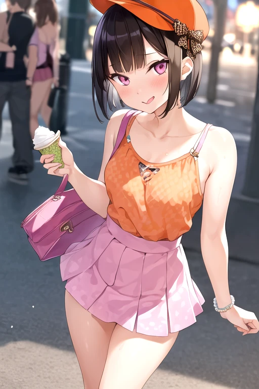 masterpiece, best quality, 8K, 1 girl, detailed face, detailed skin, detailed outfit, detailed background, perfect eye, cute, erotic, beautiful legs, , female , look at a viewer, mischievous smile, stick out her tongue, blushing, drooling, sweat, sleeveless shirt, light orange shirt, pleated mini skirt, light purple skirt, sexy thong, purple leopard pattern thong, thigh baring, ass baring, colorful bracelet, emerald earing, pearl anklet, sneakers, amusement park, at night, she is walking, gal, bitch, brown hair, bob cut, hat, shoulder bag, hair ribbon, pink eyes, she licks an ice cream,, female , mesugaki