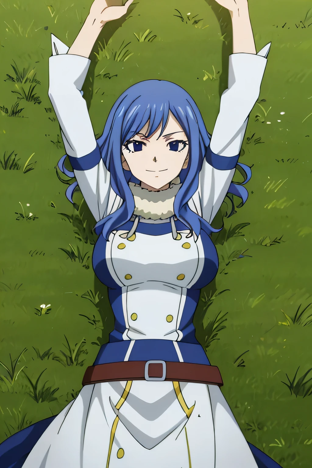 masterpiece, absurdres , (intricate details), (colorful), bust shot, extremely detailed CG unity 8k wallpaper, juviagmg, 1girl, looking at viewer, solo, on grass, on back, arms up, spread arms, cowboy shot, closed mouth, smile