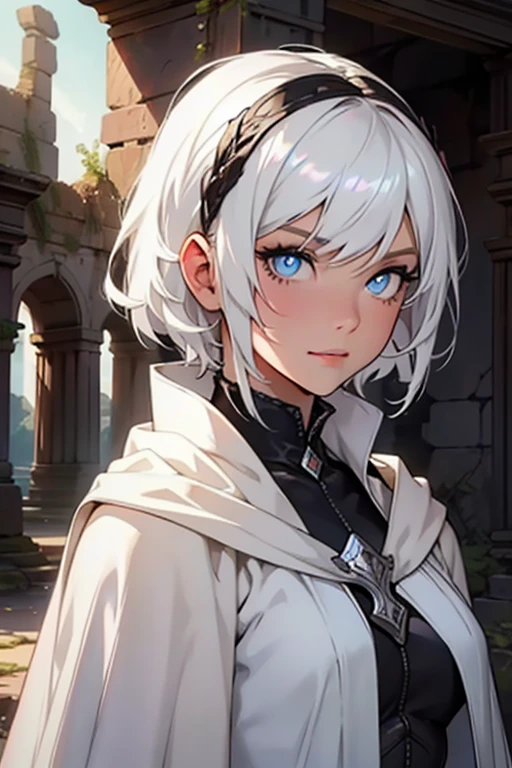(Best quality at best),Detailed ruins ruins background,Beautiful female doll,with short white hair,Iridescent pupils,Wears a silver-white cape,The face is delicate