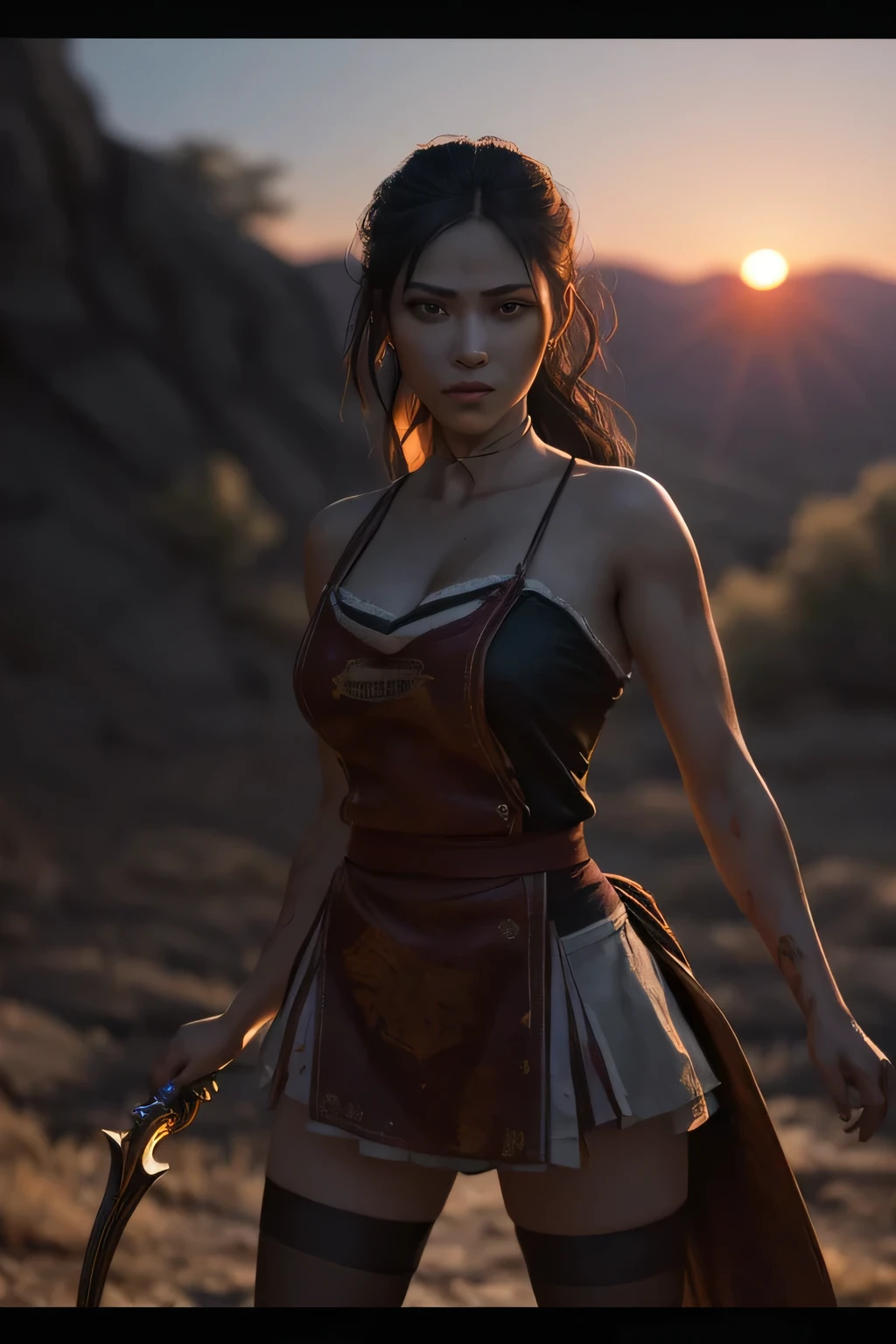 (masterpiece), (very complicated:1.3), (realistic), girl portrait, (dark fantasy, gore), (dynamic perspective), the most beautiful in the world, (waitress), outdoor, dynamic angle, running fighting stance, dry river bed, Kure, Haifa, Stunning female professional photo details, sharp focus, dramatic, Award history, cinematic lighting, Octane Rendering Unreal Engine, volumetrics dtx, (film grain, blurred background, blurred foreground, Bokeh, Depth of the bounds written, sunset), holding sickle