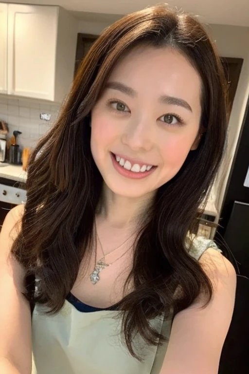 (highest quality, 8K, masterpiece: 1.3), beautiful woman with perfect figure: 1.4, dark brown hair, wearing a pendant, Wearing only an apron, in the kitchen, highly detailed face and skin, fine eyes, double eyelid, big breasts, smile