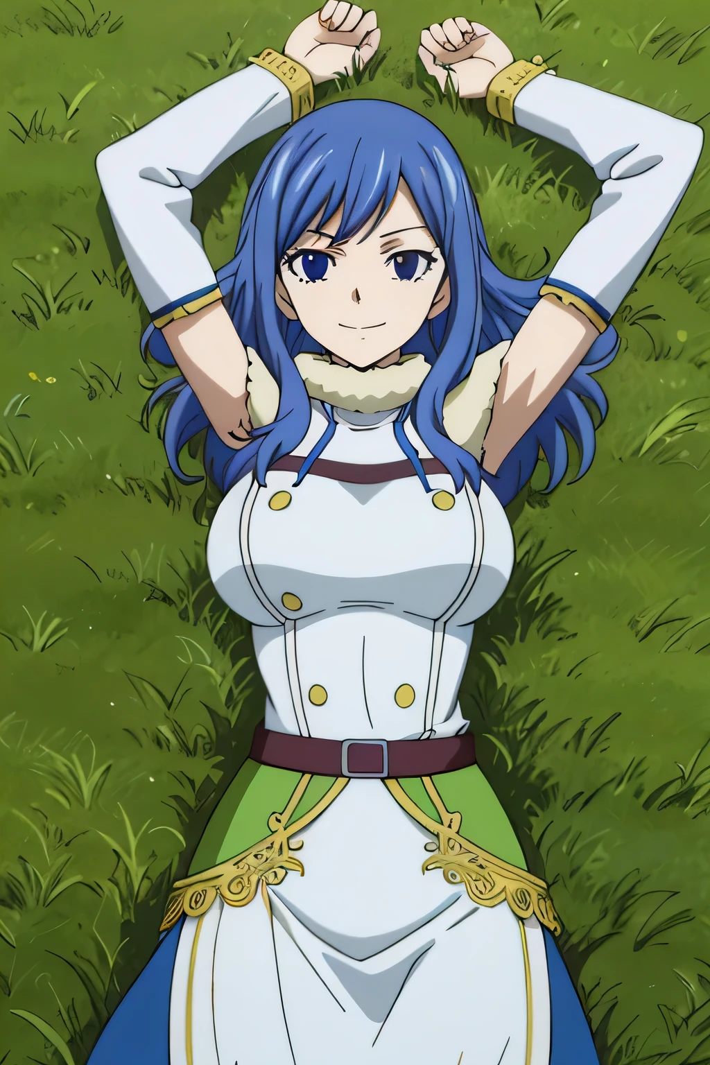 masterpiece, absurdres , (intricate details), (colorful), bust shot, extremely detailed CG unity 8k wallpaper, juviagmg, 1girl, looking at viewer, solo, on grass, on back, arms up, spread arms, cowboy shot, closed mouth, smile