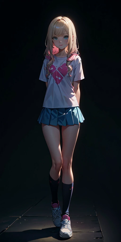 beautiful, (masterpiece:1.2), (best quality:1.2), Beautiful 10-year-old white girl with blue eyes, long swept-back straight blond hair, Happy), Pink and white frilly miniskirt, pink shirt, pink socks, white sneakers, California City background, daylight.