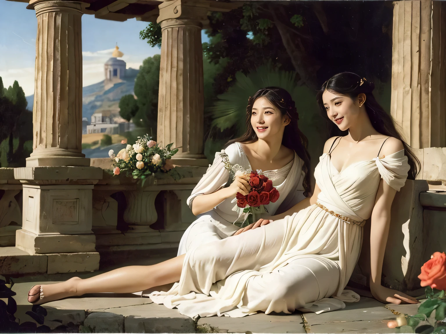 full body portrait or statue、Giorgione painting style,Arguments of two female Philosophe,math、astronomical machine、astronaut、roses in vase、fruits、Cute trinkets、smile、ancient greek costume、Ancient Roman landscape in the style of Nicolas Poussin,laughter,,Sweet and seductive appearance.、Caravaggio's paintings、Chiaroscuro of Caravaggio、hair tousled by the wind,Two women frolicking,cute smile, expression of ecstasy,Sexy,erotic