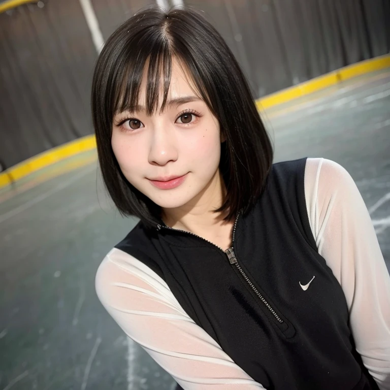 (kawaii 24 year-old Japanese girl, Nogizaka idol, Korean idol), healthy female athlete, figure skater, (glossy black hair, messy very short hair, messy pixie cut, symmetric hair length, even length hair edges:1.3), (bangs), (rounded face, black eyes, single eyelid, no makeup, soft smiling:1.2), (wearing long sleeved black training half zip tops:1.3), flat chest, extra small breasts, sports leggings, (looking at viewer:1.2), BREAK, (ice skate arena background:1.3), (dynamic angle:1.3), face focus, BREAK, (masterpiece, best quality, photo realistic, official art:1.4), (UHD, 8K quality wallpaper, high resolution, raw photo, golden ratio:1.2), (shiny skin), professional lighting, physically based rendering, award winning, (perfect anatomy, highly detailed skin, extremely detailed face and eyes), Carl Zeiss 300 mm F/2.8, depth of field, 1girl, solo,