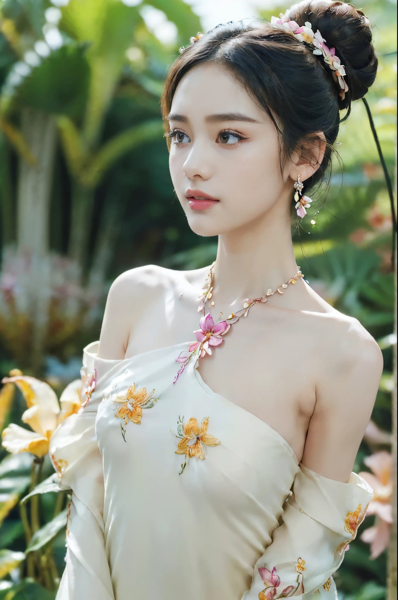 ((((8k))),((Extremely meticulous CG)) ,(wallpaper),16k,((Extremely refined and beautiful)),(((Masterpiece))),(((best qualtiy))),(((Ultra High Resolution))),beautiful light up,Perfect lightning,realistic shaded,((high resolution)),(Smooth and flawless skin:1.5),(Extremely exquisite facial details:1.2),(perfect body:1.2),(ultra-detailed),((A beautiful Cambodian girl,solo)),(small head:1.2),(pale skin:1.3),(bun hair:1.2),(earrings:1.2),(small face:1.2),(Exquisite makeup:1.2),((slim,thin)),(laughing:1.2),(happy:1.2),(crystal necklace:1.2),(flat chests:1.2),(Gorgeous exquisitely floral embroidered one-shoulder Sampot:1.5),(day scene:1.3),(In a tropical garden full of rumdul:1.5),(outdoor:1.3),(detailed background:1.5),(standing:1.3),(close-up of upper body:1.3),(from back:1.3),(bare back:1.3),