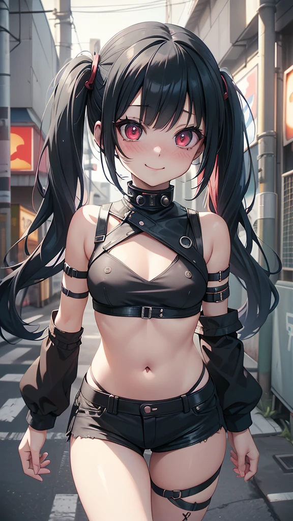 anime,#Quality(8k,best quality,masterpiece,cinematic),solo,#1girl,(cute,kawaii,small kid,smile,hair floating,black hair and mesh by white,twin tail hair,pale skin,skin color blue,eyes are red,red eyes shining,big eyes,ripped clothes:1.8,nose blush,tight tube top,breast,tight hot pants,dynamic pose:1.6,bust shot:1.4,portrait:1.6,stomach seen little,punk fashion),(She shows the viewer a strip,nipples,panties),#background(outside,back alley,narrow street,dark,neon lights,future city),dynamic angle