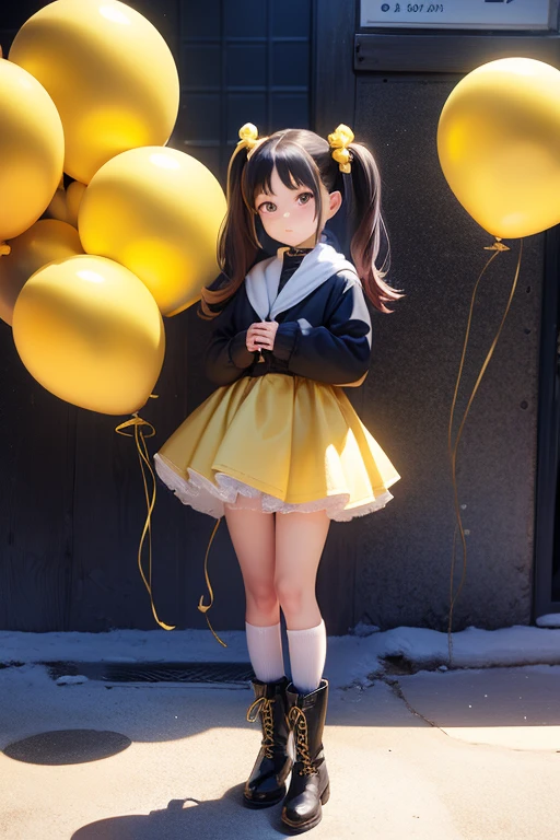 having a gold balloon , full body, real photo, 11 years old girl, twin tails, looking down at me, boots, 