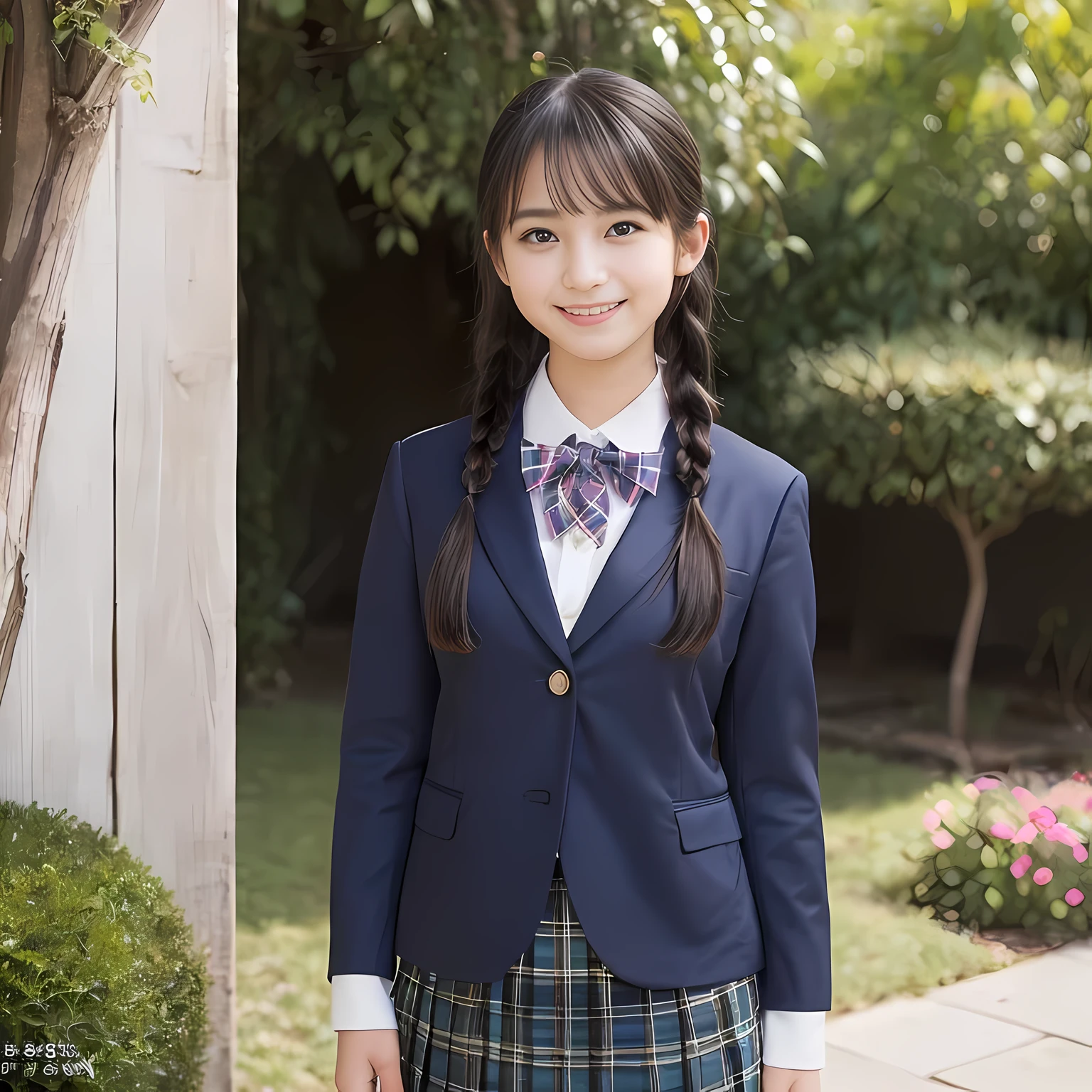 (highest quality、masterpiece:1.2)、highest quality、realistic、photograph、High resolution、1080p、8K、The face is especially pale., physical rendering、((Height: 155cm)), one Japanese girl、((A -yeld Jaese junior hiool student)odel in a Japanese magazine)), , (((big very detailed beautiful dark brown eyes))), ((blue girly large wine-red glossy polyester Japanese school ribbon bow tie)), (((black beautiful long twin braids hair))), ((((deep blue colored tartan checkered formal long pleated pleated skirt)))), ((A formal dark blue blazer that is slightly oversized and has an emblem on the left chest.)), ((((((maximum smile)))))), mouth is open, The large blazer and skirt are very cute., detailed fingers, Slender body, ((curled bangs)), so beautiful, long eyelashes, ((Very big and very very very cute eyes of a Japanese girl)), ((large pupils)), double eyelids, The entire skirt is photographed, thin eyebrows, ((drooping eyes)), ((long eyelashes)), ((cute lovely lovely laughing laughing cheeks)), ((Pure white light hits her face from above and in the front, making her skin and eyes shine beautifully.)), ((Strong light hits the nose and cheeks、It brings out the richness of the expression.)), (((((A very cute face with a rich expression and a pure look))))), (((Shot from the right side)))