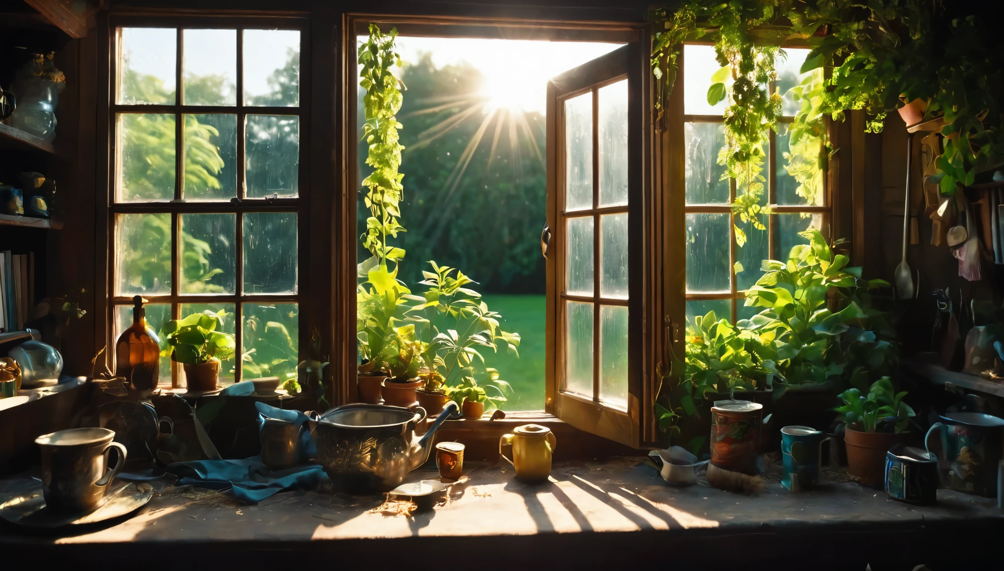 The View Outside the Window,window sill,Dirty shed window,cluttered,I'm going to open the window now to do some major cleaning.,Light shines through the window into the dimly lit room,halation,beautiful light and shadow,Tyndall effect,dim background,Dark and cluttered room,light from window,flash,very flash,Curtains fluttering in the wind,Outside the window, the weather is refreshing and May is here. It's the season of fresh greenery.,Beautiful light shines into a dark room,masterpiece,best masterpiece,intricate details,rendering,zentangle elements,8k,three-dimensional sense,Impressive photos that look like paintings