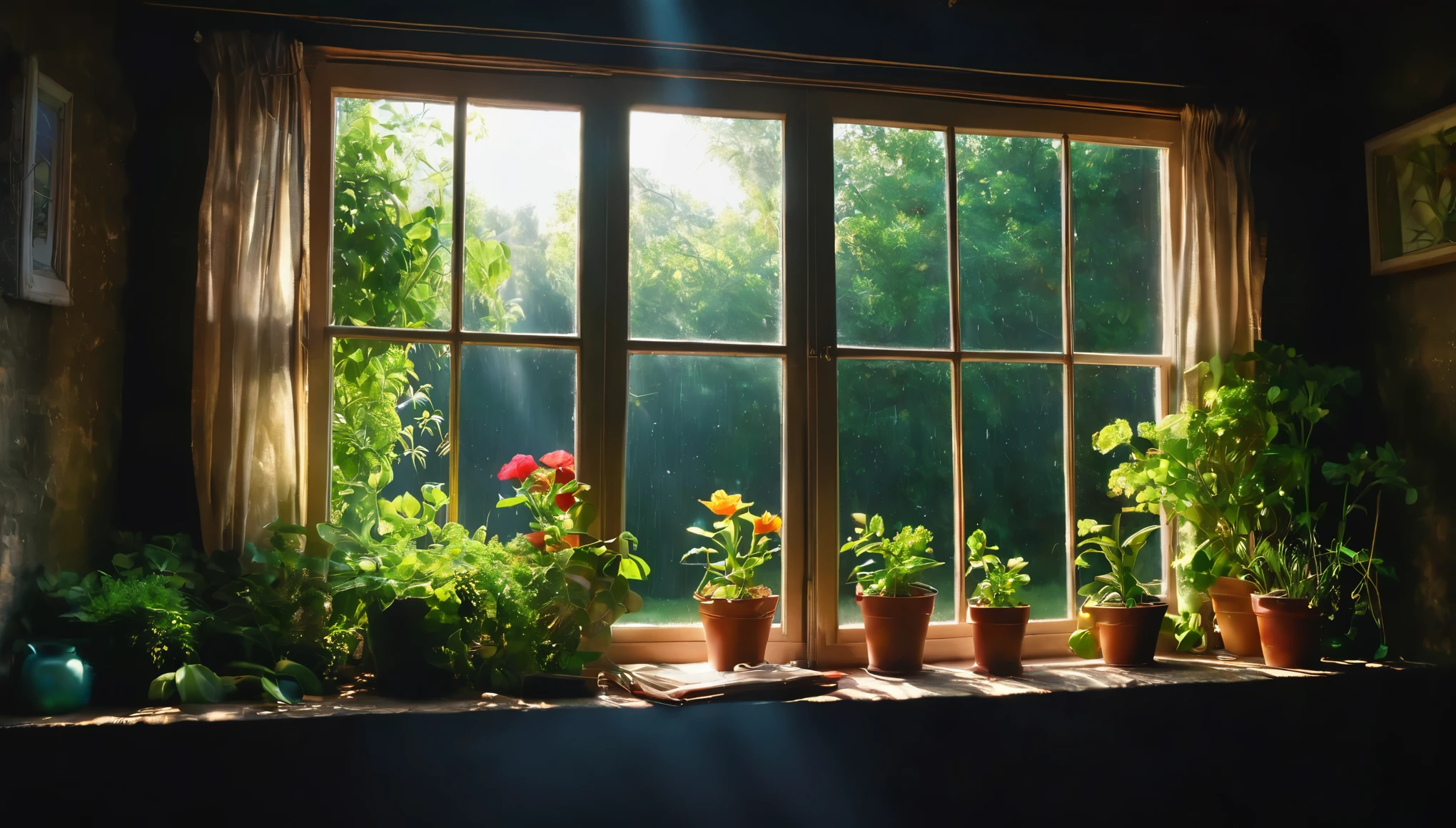 The View Outside the Window,window sill,Dirty shed window,cluttered,I&#39;m going to open the window now to do some major cleaning.,Light shines through the window into the dimly lit room,halation,beautiful light and shadow,Tyndall effect,dim background,Dark and cluttered room,light from window,flash,very flash,Curtains fluttering in the wind,Outside the window, the weather is refreshing and May is here. It&#39;s the season of fresh greenery.,Beautiful light shines into a dark room,masterpiece,best masterpiece,intricate details,rendering,zentangle elements,8k,three-dimensional sense,Impressive photos that look like paintings