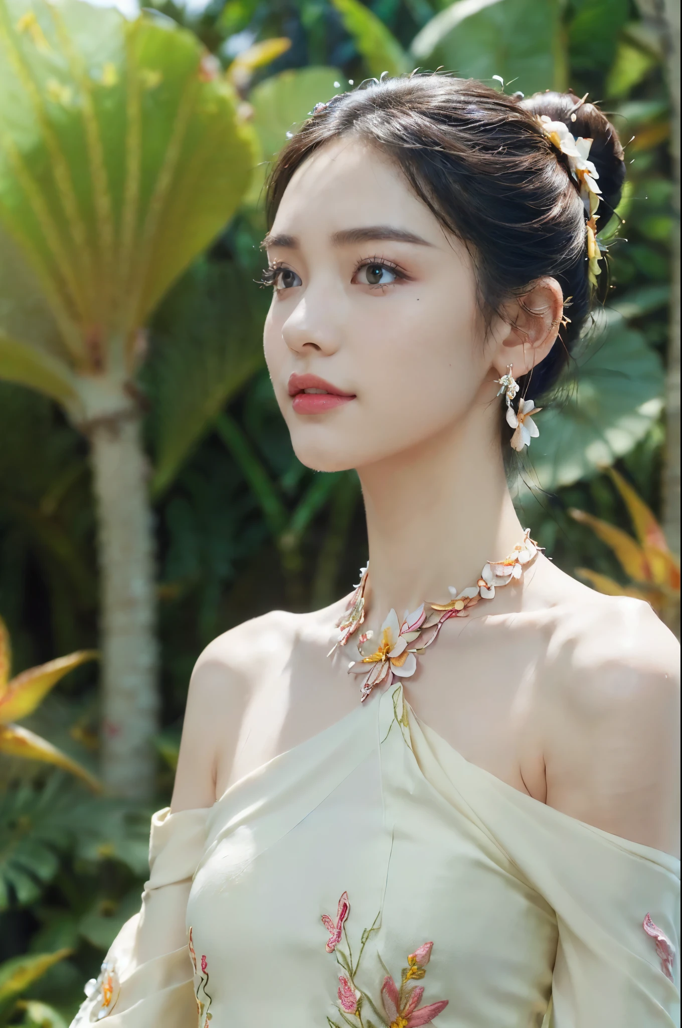 ((((8k))),((Extremely meticulous CG)) ,(wallpaper),16k,((Extremely refined and beautiful)),(((Masterpiece))),(((best qualtiy))),(((Ultra High Resolution))),beautiful light up,Perfect lightning,realistic shaded,((high resolution)),(Smooth and flawless skin:1.5),(Extremely exquisite facial details:1.2),(perfect body:1.2),(ultra-detailed),((A beautiful Cambodian girl,solo)),(small head:1.2),(pale skin:1.3),(bun hair:1.2),(earrings:1.2),(small face:1.2),(Exquisite makeup:1.2),((slim,thin)),(laughing:1.2),(happy:1.2),(crystal necklace:1.2),(flat chests:1.2),(Gorgeous exquisitely floral embroidered one-shoulder Sampot:1.5),(day scene:1.3),(In a tropical garden full of rumdul:1.5),(outdoor:1.3),(detailed background:1.5),(standing:1.3),(close-up of upper body:1.3),(back view:1.3),(bare back:1.3),