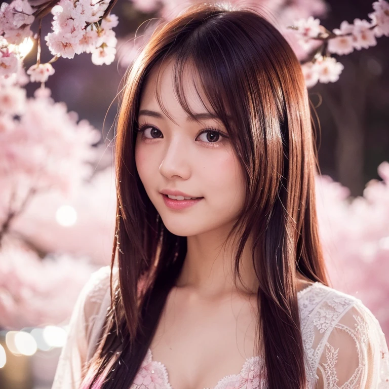 The eyes of a young, beautiful Japanese woman in the sex industry with a tearful and laughing face in a park at night with cherry blossoms in full bloom in the background. Focal length 100mmf/2.8, spring night, quiet park at night, cherry blossoms in full bloom, well-shaped face, trying to smile while holding back sadness, long hair swaying in the night breeze, toned body, pink hair with lace decorations. Blouse, clear skin, maximum close-up of eyes, realistic feeling, 8K image quality, highest quality.