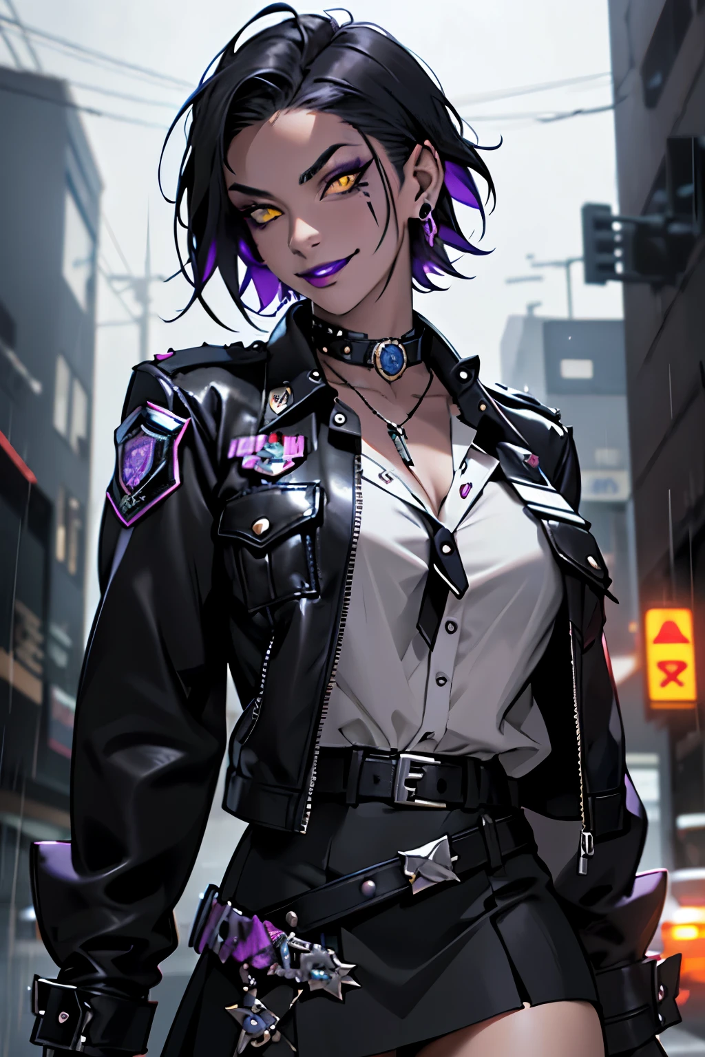 Beautiful police vampire, short black French bob hair at the back of her neck, yellow eyes with punk style makeup, purple lipstick, wearing a gray fitted blouse and skirt, punk style jacket, police badge on her belt, showing her defined abdomen, charming smile, in the backdrop of the night city with gentle rain