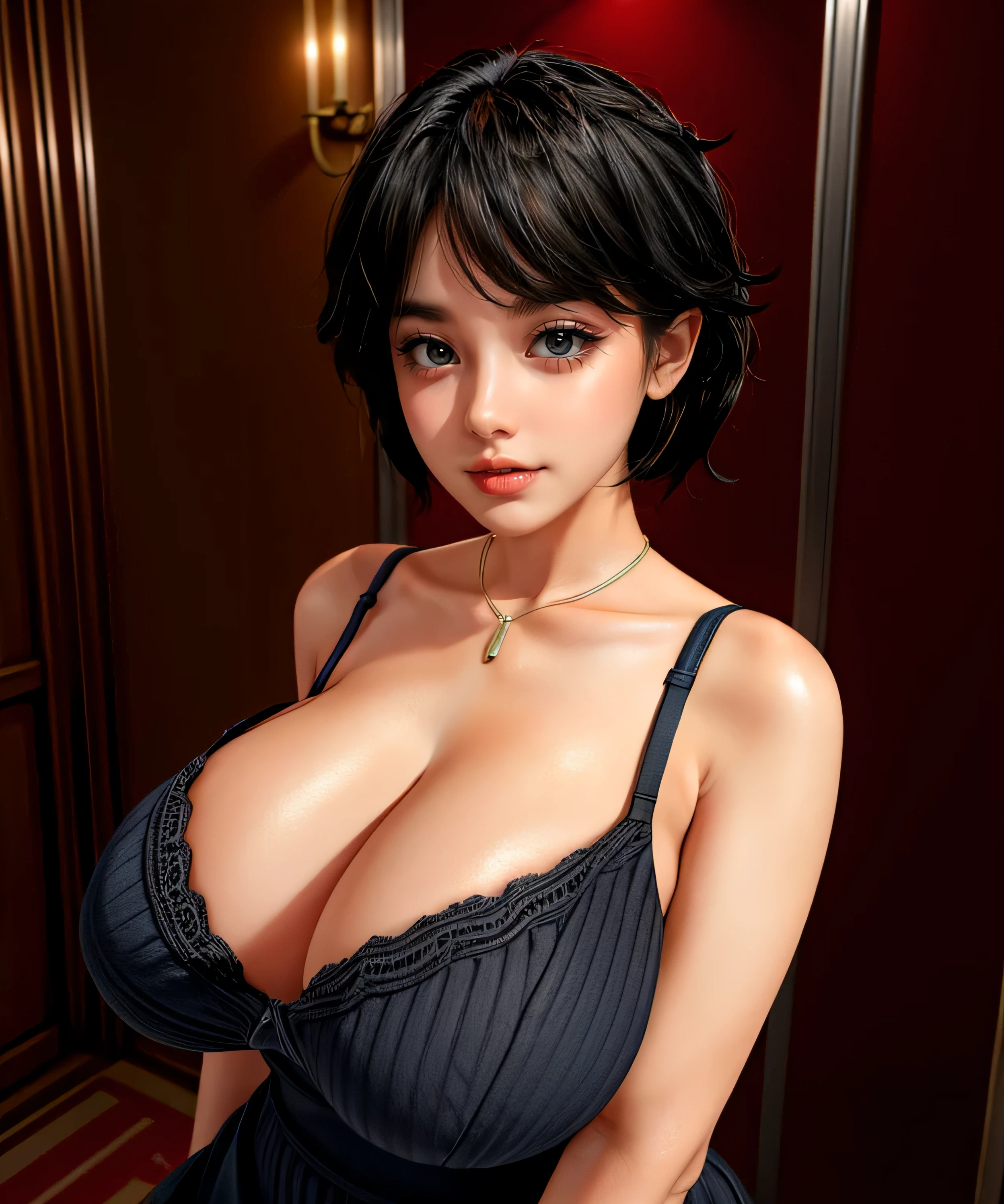 (((whole body)))Room of Love, ((Very Intense Makeup)), smiling, ((red lipstick)), ((woman in makeup)), short hair, black hair,((huge breasts,)), cleavage,)))((35 year old mature woman))((huge breasts)), extremely realistic female eye,((ojos azules))((solamente))),cuerpo perfecto,manos perfectas,cara perfecta,rostro perfecto, iperrealista, Leeds Nikon D850 Film Stock Photo 4 | Kodak Portra 400 Camera F1.6 Lens, Rich colors Ultra realistic, Realistic textures, Dramatic lighting, Unreal Engine, Trending at Art Station CineStill,
