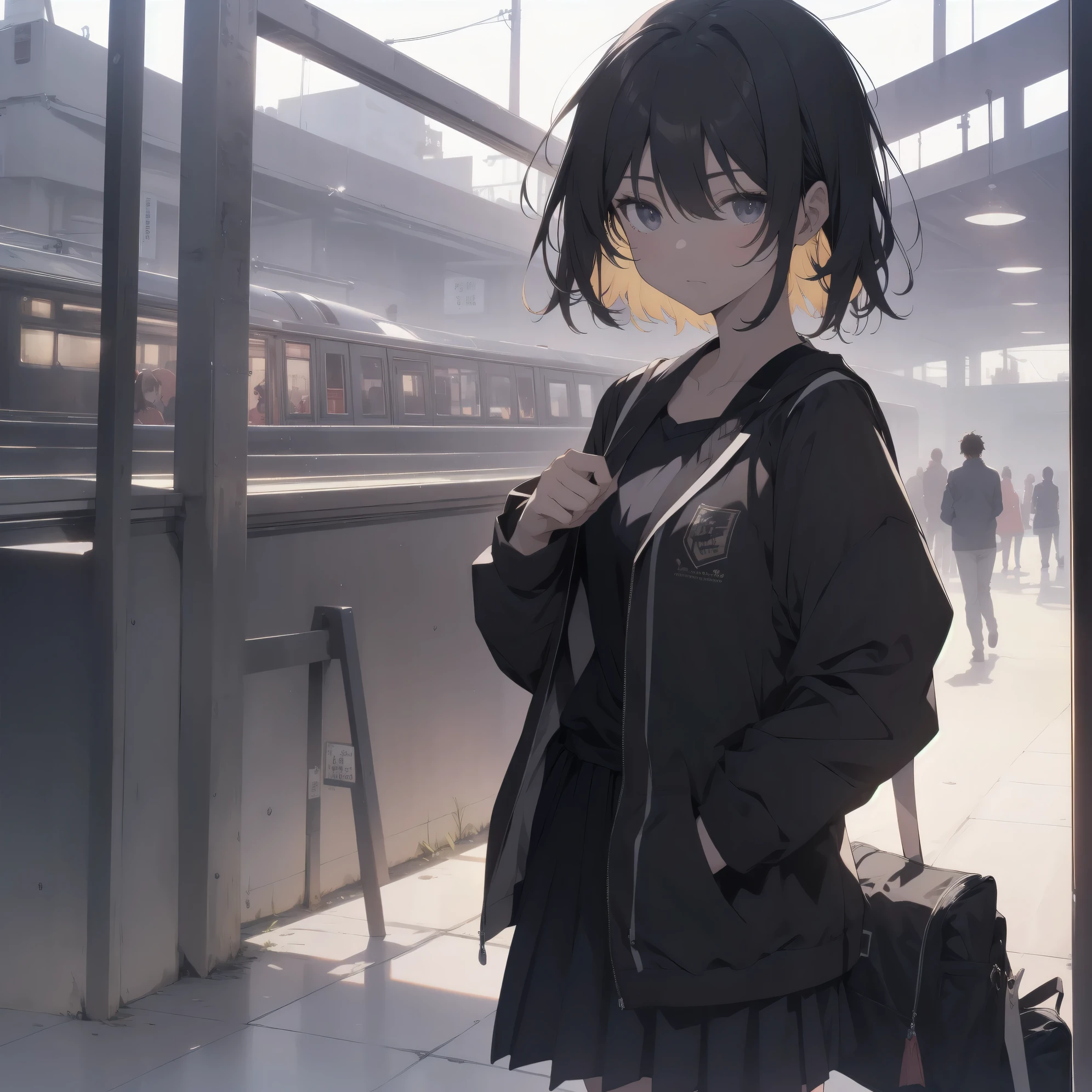 ultra-absurdres-Top quality by artist God, ultra-detailed, high resolution, anime moe artstyle, best anime 8k konachan wallpaper, pixiv contest winner, perfect anatomy,break, 1girl, (Please draw a girl walking sleepily to school alone. )break,(Solo,little female, 13-year-old:1.3),Full limbs, complete fingers,a junior high school student, Attractiveness of immature bodies, (very short hair), short cut, flat chest, , small butt, small black eyes, beautiful detailed eyes, well-proportioned iris and pupils, expressive eyes, highres detailed hair, soft expression, school_uniform, official_alternate_costume, pleated skirt,(Detailed Lighting), (Detailed background), in the School commute route. break,super detailed skin, Best cinematic lighting powered by famous artist, 8k,beauty illustration,photoshop_(medium),very aesthetic,break,((artist:kouji_(campus_life) )), artist:akinashi yuu ,artist:oyari ashito ,artist:kantoku ,