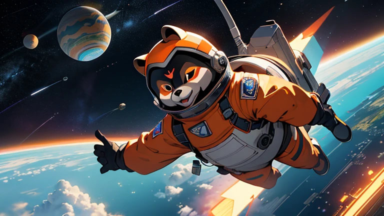 (best quality: 1.2), (masterpiece: 1.2), (realistic: 1.2), whimsical scene featuring a squirrel astronaut floating in space, with Earth in the background, on eye level, scenic, masterpiece