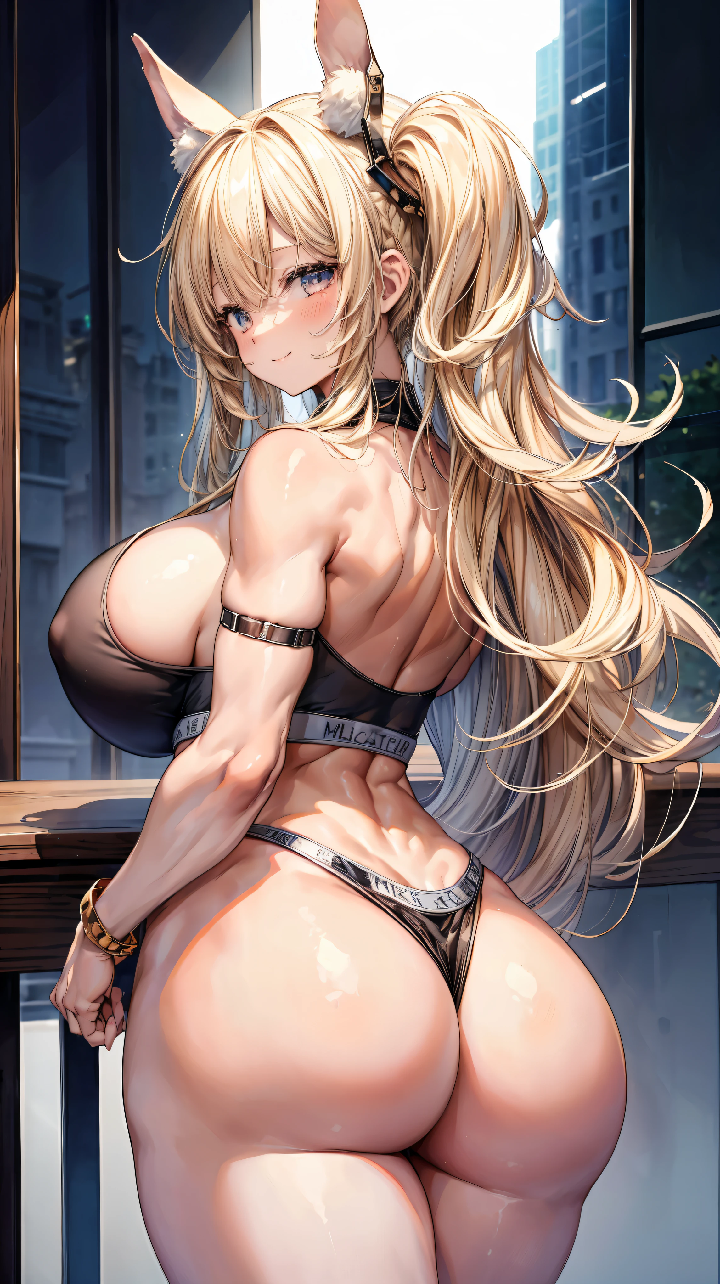 ultra-detailed、highest quality、Highest image quality、master piece、8K、smile、blonde curly hair、(SFW huge body)、(((Rear view)))、cowboy shot、Wearing a thong