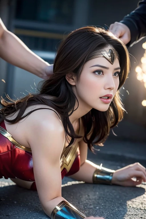 from the side,perfect wonder woman costume,crawl on all fours,In the water,sleeping face,Close ~ eyes,open your mouth,tired face,face of suffering,sky face,sleeping face,fight the men,surrounded by men,,caught between men,being tackled by men,Intertwining with men, Attacked by men,assaulted by men,Being bullied by guys,being sexually abused by a man,Captured by a man,Being detained by a man、touch your face,、Hair is pulled hard,My head is grabbed,licked my hair,lick my face,brown hair, masterpiece、beautiful girl、fine 目、puffy eyes、highest quality, 超High resolution, (reality: 1.4), movie lighting,super beautiful、beautiful skin、(super reality)、(High resolution)、(8K)、(very detailed)、(beautiful and fine 目)、(Super detailed)、 detailed face、slanted bangeshi hair、brown hair、20-year-old、Wonder Woman Cosplay,wonder woman tiara