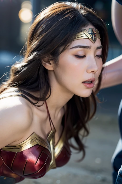 from the side,perfect wonder woman costume,crawl on all fours,In the water,sleeping face,Close ~ eyes,open your mouth,tired face,face of suffering,sky face,sleeping face,fight the men,surrounded by men,,caught between men,being tackled by men,Intertwining with men, Attacked by men,assaulted by men,Being bullied by guys,being sexually abused by a man,Captured by a man,Being detained by a man、touch your face,、Hair is pulled hard,My head is grabbed,licked my hair,lick my face,brown hair,  masterpiece、beautiful girl、fine 目、puffy eyes、highest quality, 超High resolution, (reality: 1.4), movie lighting,super beautiful、beautiful skin、(super reality)、(High resolution)、(8K)、(very detailed)、(beautiful and fine 目)、(Super detailed)、 detailed face、slanted bangeshi hair、brown hair、20-year-old、Wonder Woman Cosplay，wonder woman tiara