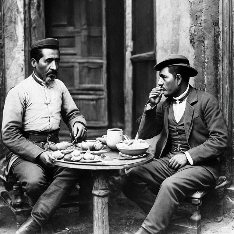 A Mexican man, who is sitting eating and blood is falling on him at the time of the mexican revolution.