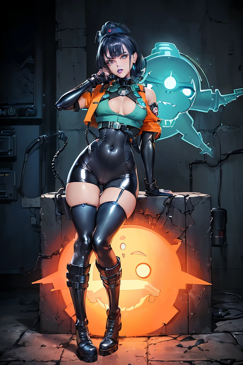 (masterpiece), best quality, expressive eyes, perfect face, ((Kylie Griffin from Extreme Ghostbusters cartoon)), ((Kylie Griffin)), (pale skin, eyeshadow, goth makeup), with monster ghost, ghost small short , ((ghost, (ghostbusters), ((ghostbusters patch on shoulder)), slender figure, (slim fit legs), small breasts, protruding, orange shoulder pads, proton pack on back, full body, (ahegao), very messy dark blue hair medium length, (dark blue lipstick), ankh earrings, proton gun, (brown kneepads, black steeltoe boots, black latex bike shorts), random suggestive pose, cameltoe, delight expression