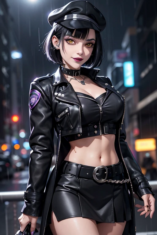 Beautiful police vampire, short black French bob hair at the back of her neck, yellow eyes with punk style makeup, purple lipstick, wearing a gray fitted blouse and skirt, punk style jacket, police badge on her belt, showing her defined abdomen, charming smile, in the backdrop of the night city with gentle rain