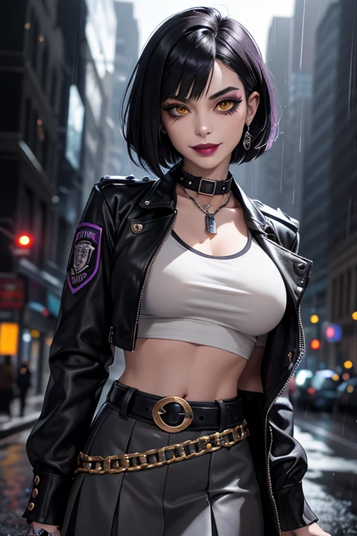 Beautiful police vampire, short black French bob hair at the back of her neck, yellow eyes with punk style makeup, purple lipstick, wearing a gray fitted blouse and skirt, punk style jacket, police badge on her belt, showing her defined abdomen, charming smile, in the backdrop of the night city with gentle rain