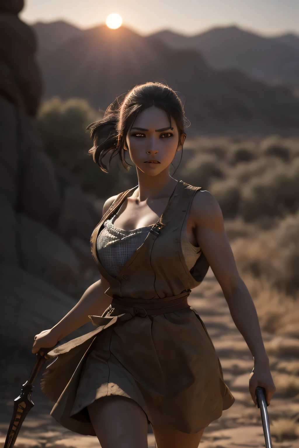 (masterpiece), (very complicated:1.3), (realistic), girl portrait, (dark fantasy, gore), (dynamic perspective), the most beautiful in the world, (waitress), outdoor, dynamic angle, running fighting stance, dry river bed, Kure, Haifa, Stunning female professional photo details, sharp focus, dramatic, Award history, cinematic lighting, Octane Rendering Unreal Engine, volumetrics dtx, (film grain, blurred background, blurred foreground, Bokeh, Depth of the bounds written, sunset), holding sickle