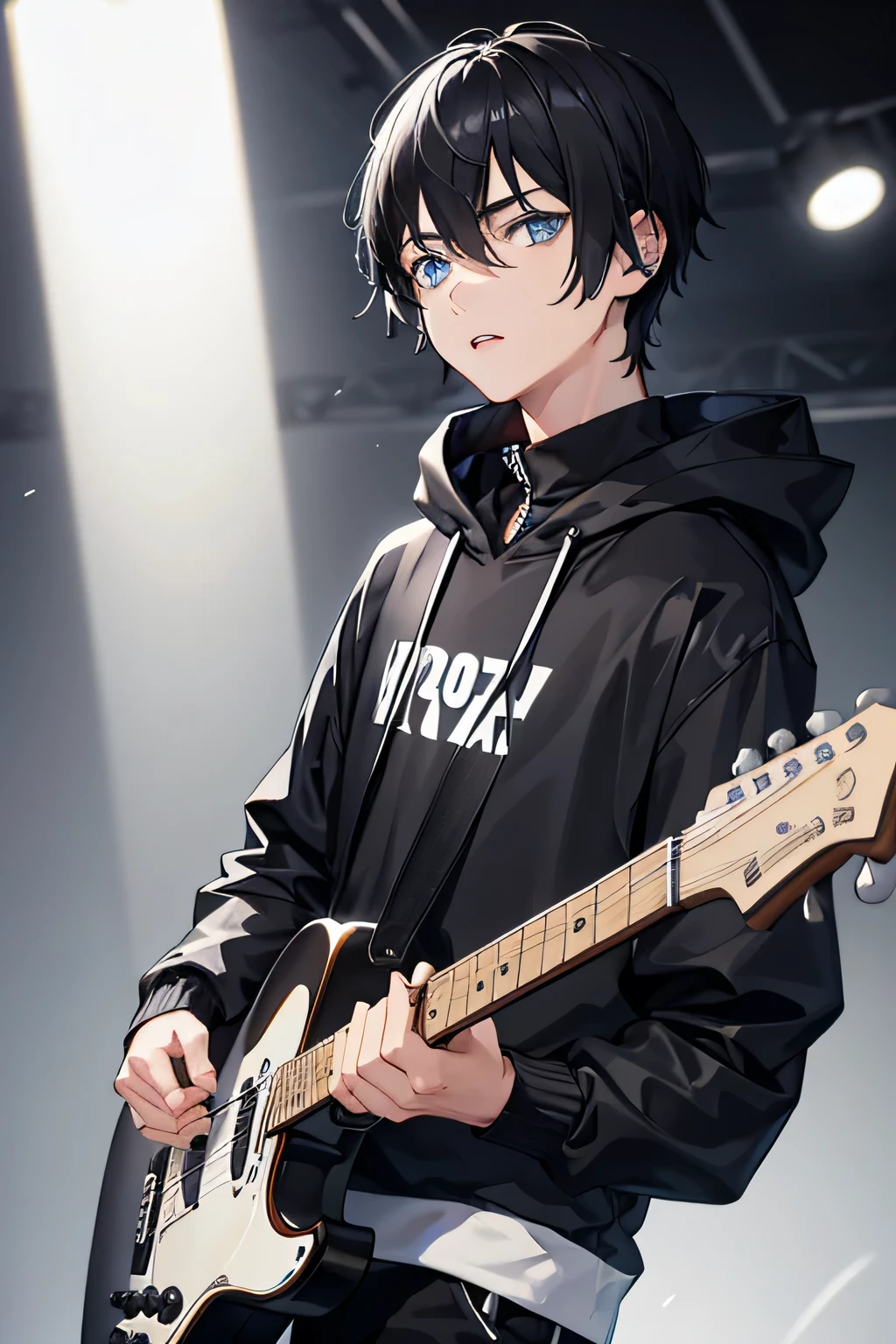 1boy,black white hoodie,blue eyes,black hair,mullet haircut,sing while playing the guitar