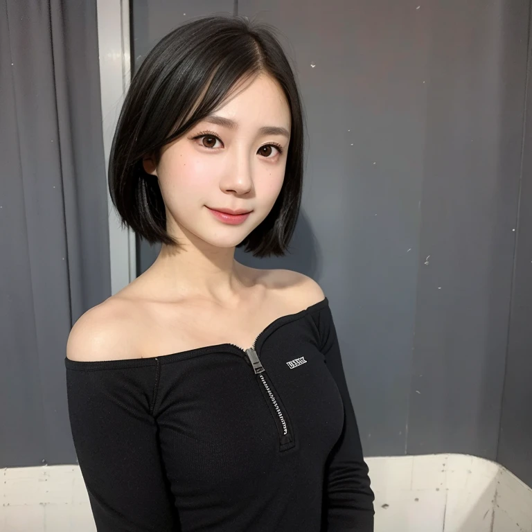 (kawaii 24 year-old Japanese girl, Nogizaka idol, Korean idol), healthy female athlete, figure skater, (glossy black hair, messy very short hair, messy pixie cut, symmetric hair length, even length hair edges:1.3), (bangs), (rounded face, black eyes, single eyelid, no makeup, soft smiling:1.2), (wearing long sleeved black training half zip tops:1.3), flat chest, extra small breasts, black sports leggings, (looking at viewer:1.2), BREAK, (ice skate arena background:1.3), (dynamic angle:1.3), face focus, BREAK, (masterpiece, best quality, photo realistic, official art:1.4), (UHD, 8K quality wallpaper, high resolution, raw photo, golden ratio:1.2), (shiny skin), professional lighting, physically based rendering, award winning, (perfect anatomy, highly detailed skin, extremely detailed face and eyes), Carl Zeiss 300 mm F/2.8, depth of field, 1girl, solo,