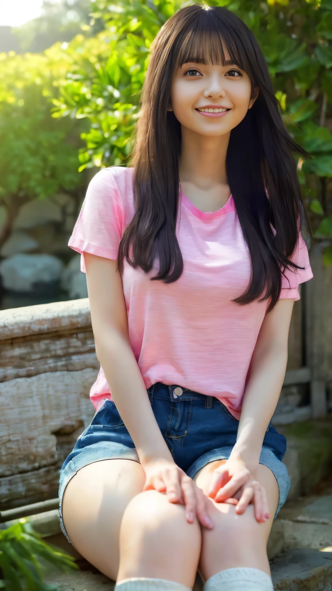 (Masterpiece: 1.5, Ultra highres: 1.8, Photorealistic: 1.5)
1 girl, serving as a photo model, captivates the viewer with her radiant smile and unwavering focus. The beautiful lighting casts a warm glow, revealing every detail in best quality, turning this image into a true masterpiece. Her raven-black hair cascades down her shoulders, framing her stunning face. She wears a beautiful pink shirt that clings to her slender figure, complemented by short pants and long stockings. Her medium breasts and white skin add to her allure. The sunset background, filmed at Yasaka，Please change the filled areas to stone walls.,