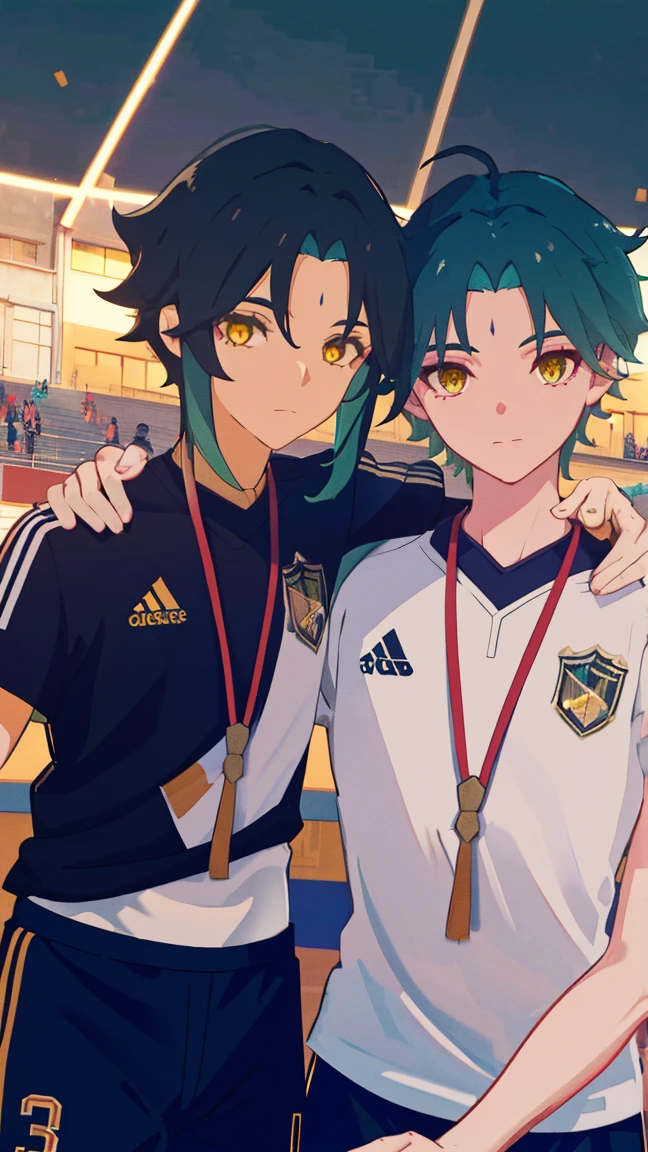 2 boys,dark green hair,highest quality,masterpiece,excessive,male focus,yellow eyes,beautiful eyes,beautiful boy,School,between men,Spouse,soccer club members,Blue soccer uniform,soccer,high school,soccer uniform,blue clothes,soccer court,teammate,same clothes,shoulder to shoulder,feminine,good friend,best image quality,