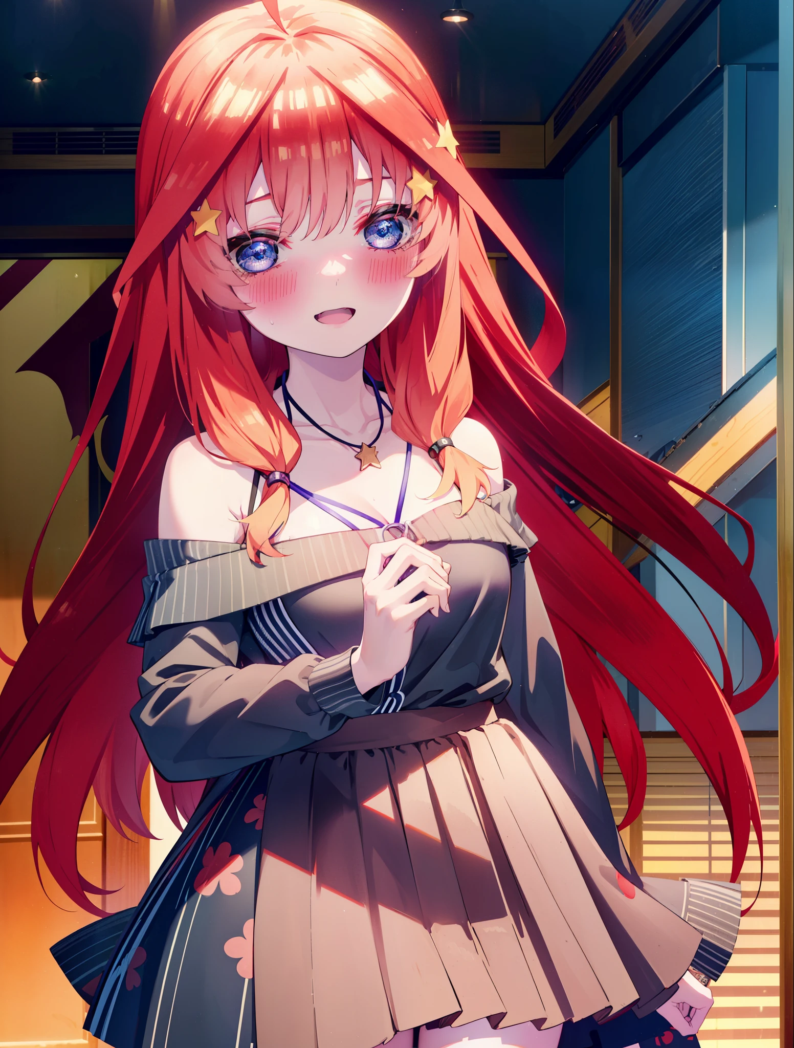 itsukinakano, itsuki nakano, bangs, blue eyes, hair between eyes, Ahoge, redhead, star \(symbol\happy smile, smile, open your mouth,skirt,blush, hair ornaments, star hair ornaments,Red off-shoulder sweater,bare shoulders,bare clavicle,naked neck,heart pendant necklace,黒色ロングskirt,Mini Boots,
break indoors, movie theatre,
break looking at viewer, (cowboy shot:1.5),
break (masterpiece:1.2), highest quality, High resolution, unity 8k wallpaper, (figure:0.8), (detailed and beautiful eyes:1.6), highly detailed face, perfect lighting, Very detailed CG, (perfect hands, perfect anatomy),