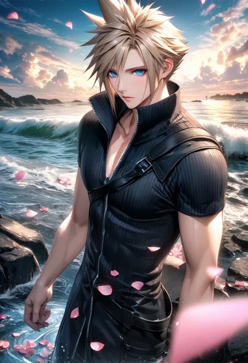 Dio Brando from JoJo´s Bizarre Adventure scared, skinny, swimming on a river, thunderstorms on his back, with a black t-shirt and shorts, realistic, 4k, masterpiece, no sex appeal