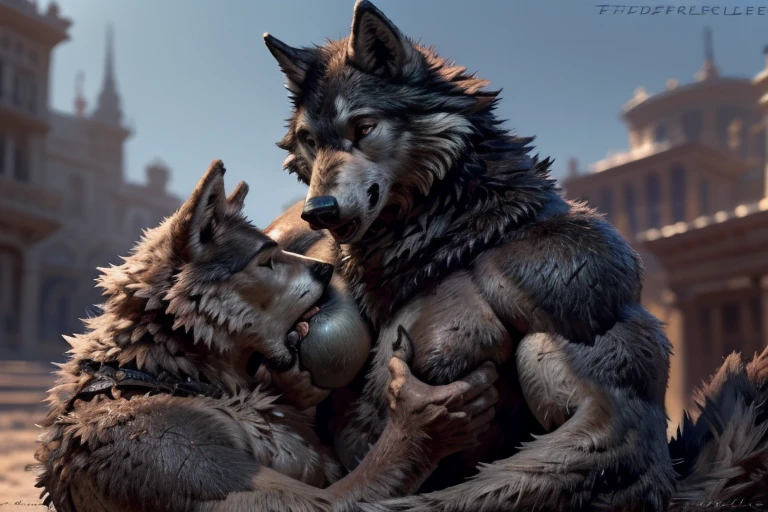 (by taran fiddler:1.4), masterpiece, detailed Bonifasko lighting, [crepuscular ray], best details, real life, depth of field, (bright lighting:1.4), detailed background, nude, nsfw, two characters, couple, (anthro), (anthro wolf:1.4), 🐺, genitals, with bushy pubic hair and armpit hair, clear details, (an adult female wolf breastfeeding an adult male wolf:2)