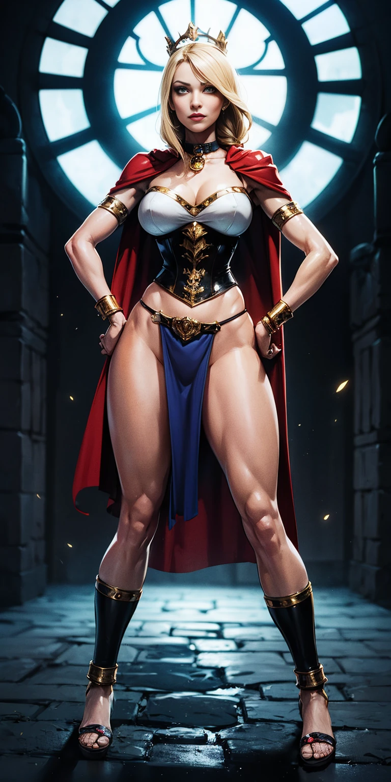 paladin lady in ornate golden armor, black collar, pauldrons, breastplate, corset, glowing halo, single braid, blonde, yellow glowing eyes, bright pupils, eye focus, red cape, temple indoors, stained glass windows, night, moonlight, particles, light beam, chromatic aberration, (full body, whole body. 1solo (girl). slave fighter, loincloth standing, hands on hips full body, whole body. 1solo (girl). slave fighter, loincloth standing, hands on hips, metal sandals, backpack, choker, big belt, view from below, feet together, bracers, tiara)