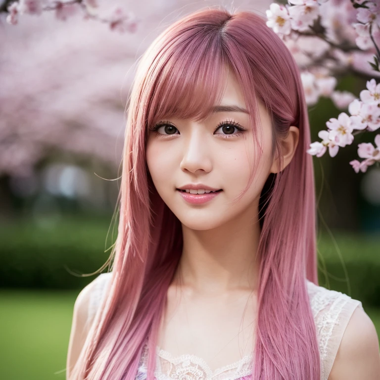 The eyes of a young, beautiful Japanese woman in the sex industry with a tearful and laughing face in a park at night with cherry blossoms in full bloom in the background. Focal length 100mmf/2.8, spring night, quiet park at night, cherry blossoms in full bloom, well-shaped face, trying to smile while holding back sadness, long hair swaying in the night breeze, toned body, pink hair with lace decorations. Blouse, clear skin, maximum close-up of eyes, realistic feeling, 8K image quality, highest quality.