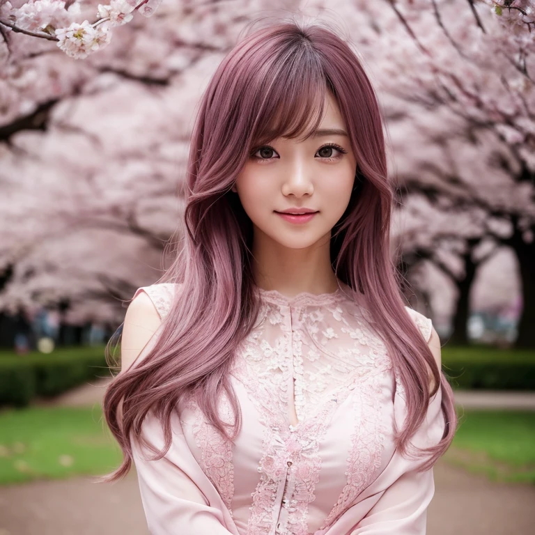 The eyes of a young, beautiful Japanese woman in the sex industry with a tearful and laughing face in a park at night with cherry blossoms in full bloom in the background. Focal length 100mmf/2.8, spring night, quiet park at night, cherry blossoms in full bloom, well-shaped face, trying to smile while holding back sadness, long hair swaying in the night breeze, toned body, pink hair with lace decorations. Blouse, clear skin, maximum close-up of eyes, realistic feeling, 8K image quality, highest quality.