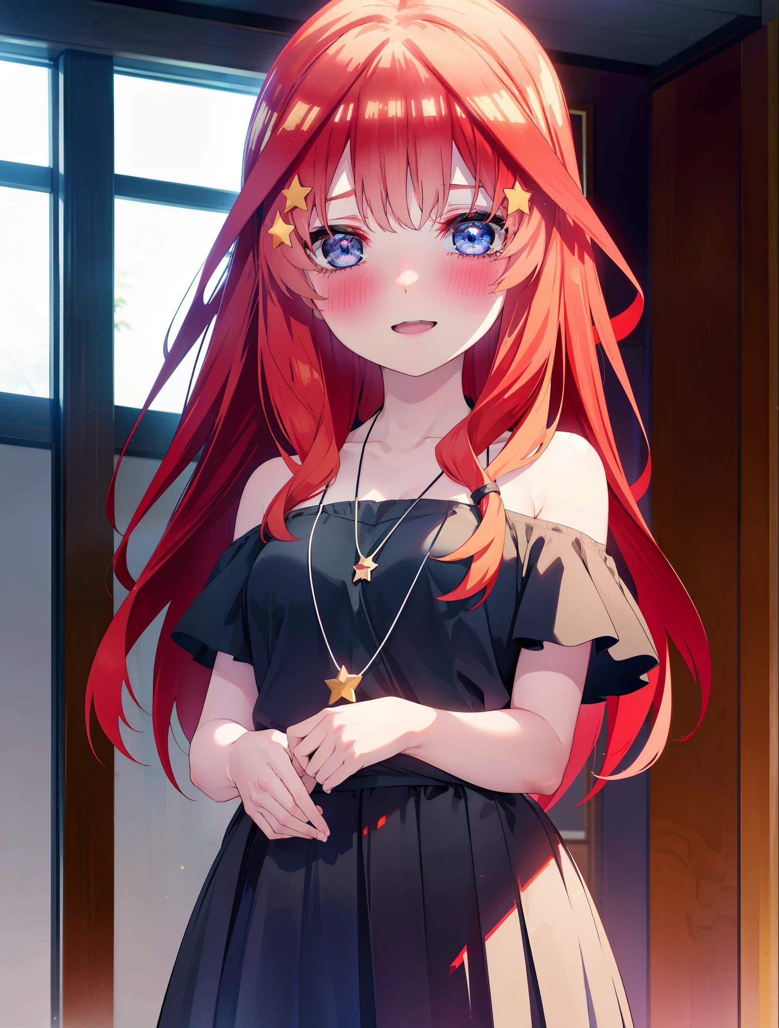 itsukinakano, itsuki nakano, bangs, blue eyes, hair between eyes, Ahoge, redhead, star \(symbol\happy smile, smile, open your mouth,skirt,blush, hair ornaments, star hair ornaments,Red off-shoulder sweater,bare shoulders,bare clavicle,naked neck,heart pendant necklace,黒色ロングskirt,Mini Boots,whole bodyがイラストに入るように,
break indoors, movie theatre,
break looking at viewer,whole body (cowboy shot:1.5),
break (masterpiece:1.2), highest quality, High resolution, unity 8k wallpaper, (figure:0.8), (detailed and beautiful eyes:1.6), highly detailed face, perfect lighting, Very detailed CG, (perfect hands, perfect anatomy),