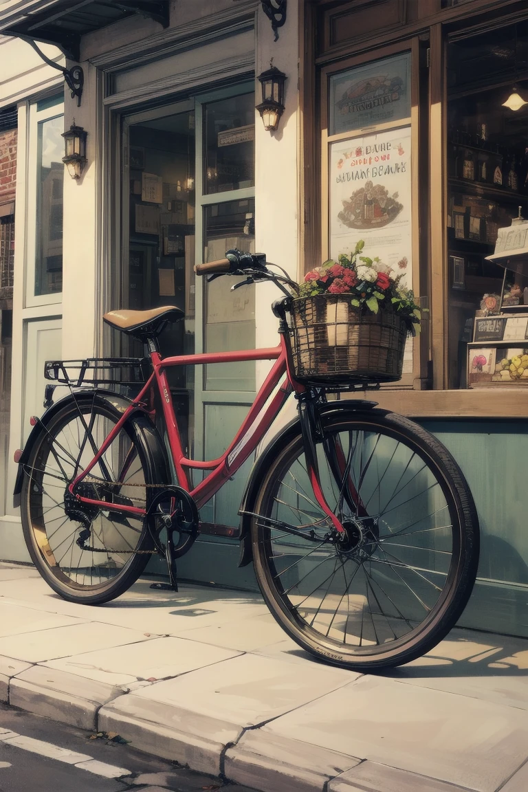 Imagine browsing a vintage shop, Storefront full of antiques and curiosities. Art Deco signs add an elegant touch to the atmosphere. In front of the store, An antique bicycle leans against a brick wall, evoke memories of past adventures. wood々fallen leaves create a golden carpet on the ground, While a playful dog chases a ball on the street.